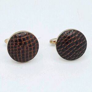 Vintage Hickok Brown Faux Snakeskin Leather Cufflinks Goldtone Metal